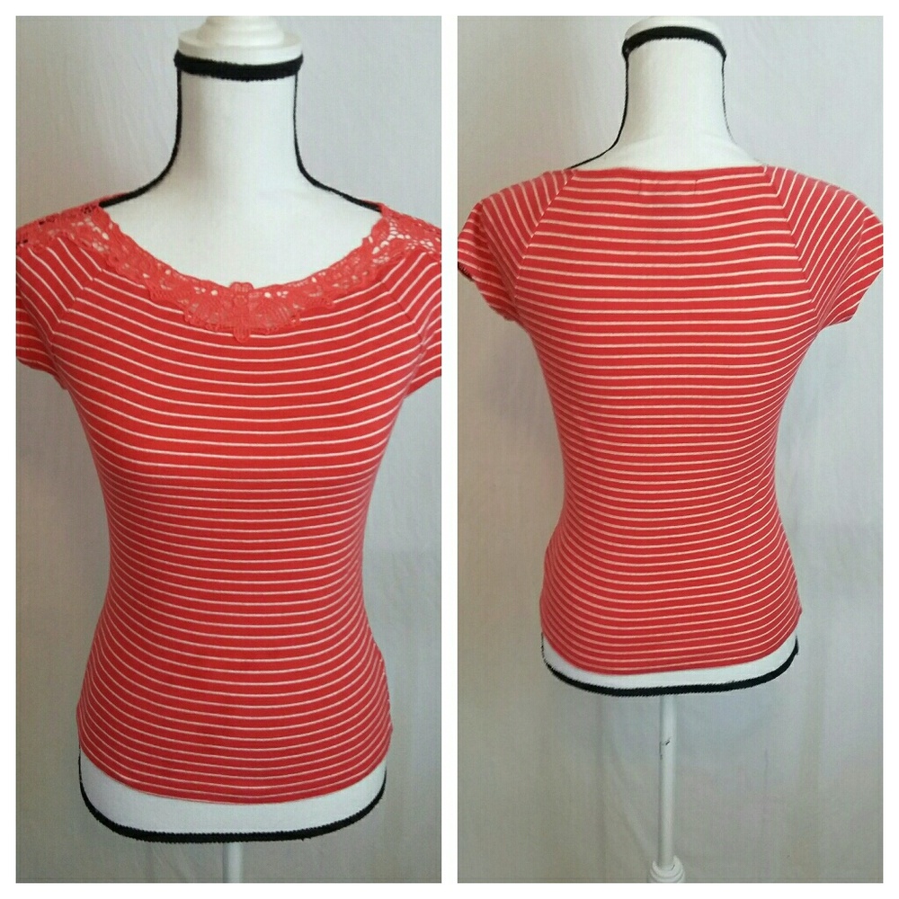 Chaps Crochet Embellished Striped Tee